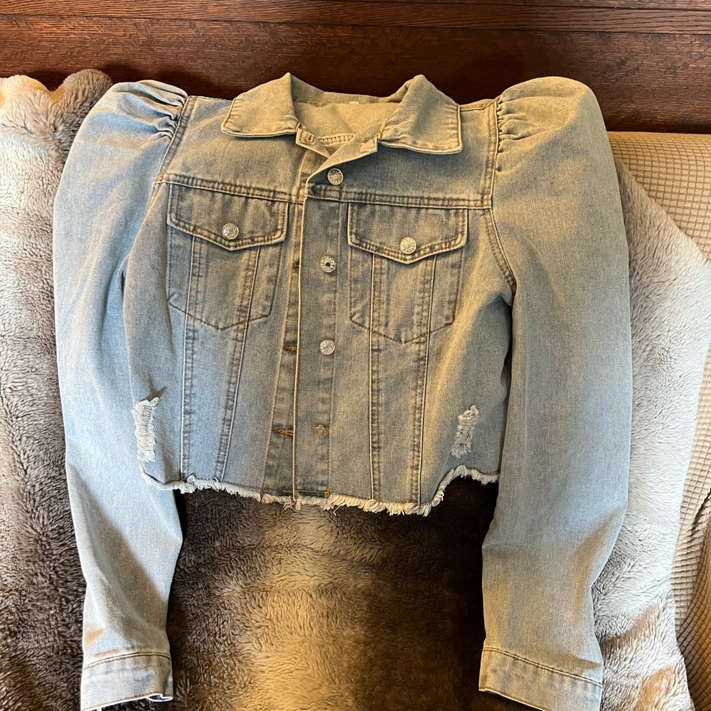Light Blue Denim Jacket with Puff Sleeves